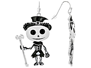 Multi-Color Enamel, Black Crystal Silver Tone Skeleton Earrings