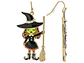 Multi-Color Crystal & Enamel With Pearl Simulant Gold Tone Witch Earrings