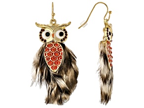 Multi-Color Crystal, Enamel & Faux Feather Gold Tone Owl Earrings