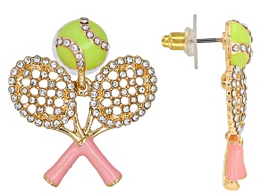 White Crystal, Yellow & Pink Enamel Tennis Racquet Set Earrings