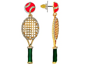 White Crystal & Enamel Gold Tone Tennis Racquet Earrings