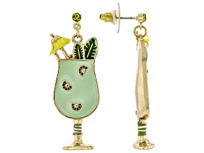 Green Crystal & Multi-Color Enamel Gold Tone Mojito Motif Earrings