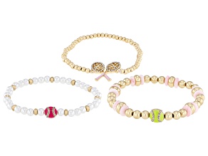 Pearl Simulant, Enamel,  & Crystal Gold Tone Tennis Charms Stretch Bracelet Set of 3