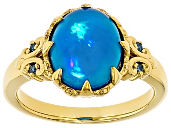 Picture of Paraiba Blue Opal With Blue Diamond 18k Yellow Gold Over Sterling Silver Ring 0.04ctw
