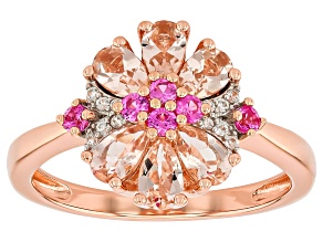 Morganite With Lab Pink Sapphire With White Zircon 18k Rose Gold Over Sterling Silver Ring 1.04ctw