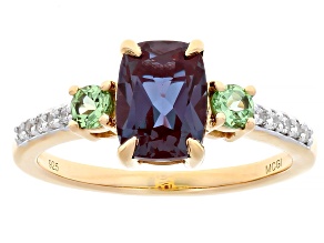 Lab Created Alexandrite with Tsavorite & White Zircon 18k Yellow Gold Over Silver Ring 2.52ctw