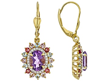 Picture of Canela Amethyst, Blue and Pink Topaz and White Zircon 18k Yellow Gold Over Silver Earrings 3.29ctw