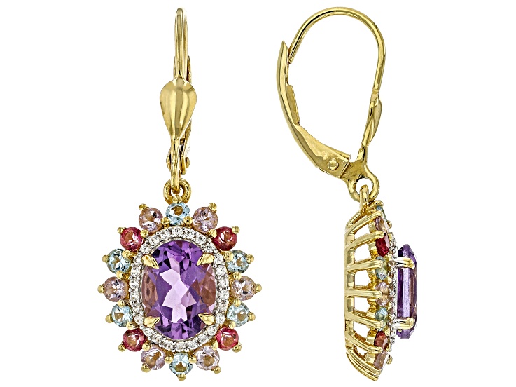 Canela Amethyst, Blue and Pink Topaz and White Zircon 18k Yellow Gold Over Silver Earrings 3.29ctw