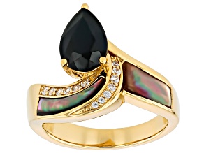 Black Spinel With White Zircon & Gray Mother-Of-Pearl 18k Yellow Gold Over Sterling Silver Ring