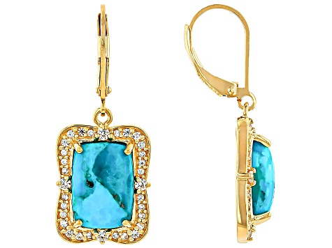 Blue Composite Kingman Turquoise With White Zircon 18k Yellow Gold Over Silver Earrings 0.66ctw