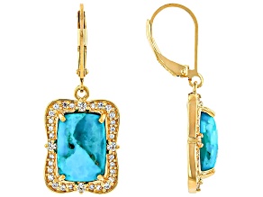 Blue Composite Kingman Turquoise With White Zircon 18k Yellow Gold Over Silver Earrings 0.66ctw
