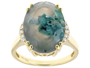 Blue Aquadite with White Lab Grown Diamond 18K Yellow Gold Over Sterling Silver Ring 6.87ctw