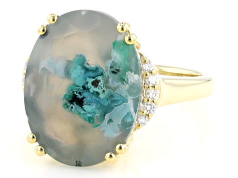 Blue Aquadite with White Lab Grown Diamond 18K Yellow Gold Over Sterling Silver Ring 6.87ctw