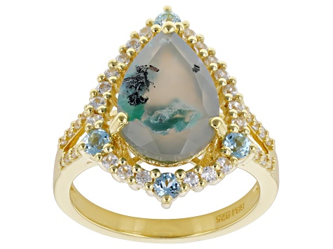 Aquadite™ with Swiss Blue Topaz & White Zircon 18K Yellow Gold Over Silver Ring 3.87ctw