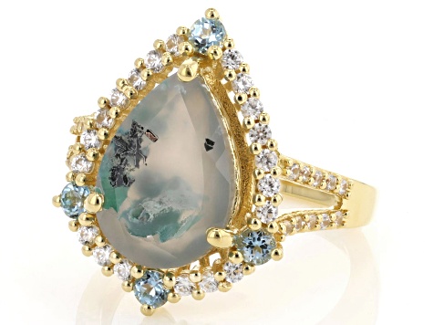 Aquadite™ with Swiss Blue Topaz & White Zircon 18K Yellow Gold Over Silver Ring 3.87ctw