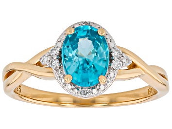 Picture of Blue Zircon with White Prazana® Lab Grown Diamond 18K Yellow Gold Over Sterling Silver Ring 1.77ctw