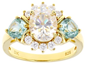 Strontium Titanate With Green Lab Spinel & Moissanite Fire® 18K Yellow Gold Over Silver Ring 4.14ctw