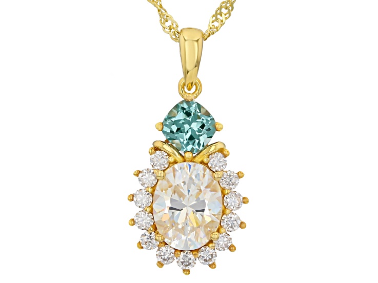 Strontium Titanate with Lab Green Spinel & Moissanite 18K Gold Over Silver Pendant/Chain 3.25ctw