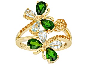 Chrome Diopside With Blue Topaz and Yellow Citrine 18K Yellow Gold Over Silver Ring 5.10ctw