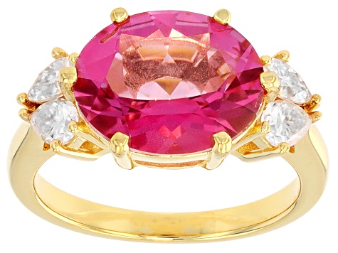 Pink Topaz with White Moissanite Fire® 18K Yellow Gold Over Sterling Silver Ring 5.68ctw