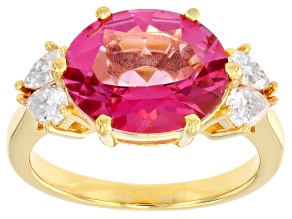 Pink Topaz with White Moissanite Fire® 18K Yellow Gold Over Sterling Silver Ring 5.68ctw