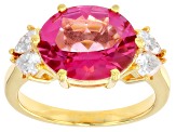 Pink Topaz with White Moissanite Fire® 18K Yellow Gold Over Sterling Silver Ring 5.68ctw