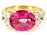 Pink Topaz with White Moissanite Fire® 18K Yellow Gold Over Sterling Silver Ring 5.68ctw