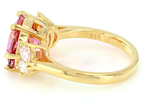 Pink Topaz with White Moissanite Fire® 18K Yellow Gold Over Sterling Silver Ring 5.68ctw