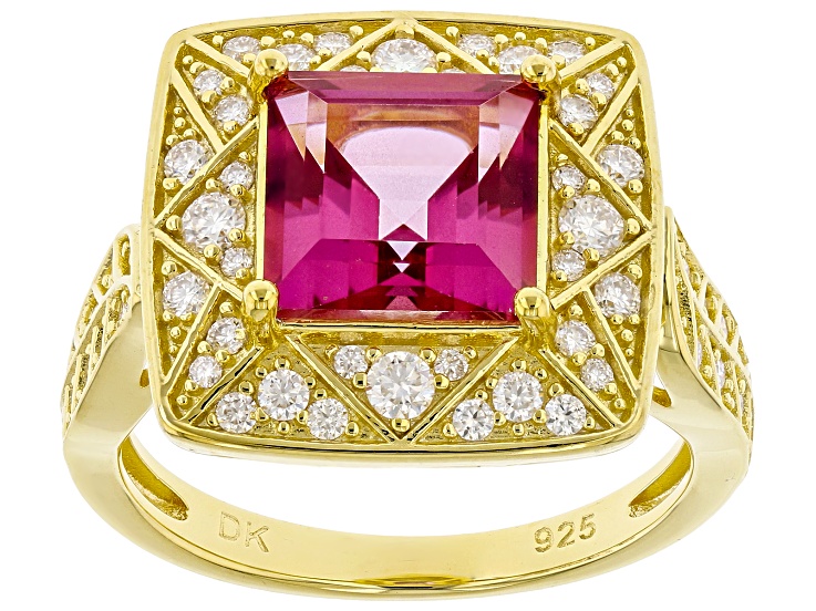 Pink Topaz with White Moissanite Fire® 18k Yellow Gold Over Sterling Silver Ring 3.49ctw