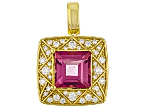 Pink Topaz with White Moissanite Fire® 18K Yellow Gold Over Sterling Silver Pendant 3.49ctw
