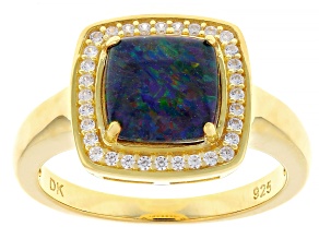 Blue Australian Opal Triplet with White Zircon 18K Yellow Gold Over Sterling Silver Ring 2.19ctw