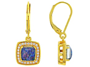Australia Triplet Opal With White Zircon 18K yellow Gold Over Silver Dangle Earrings 3.16ctw