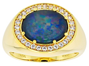 Blue Australian Opal Triplet with White Zircon 18K Yellow Gold Over Sterling Silver Ring 2.59ctw
