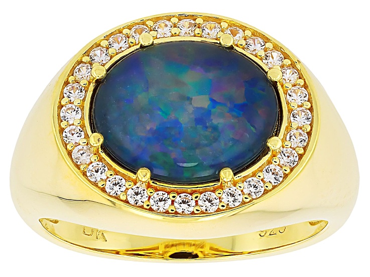 Blue Australian Opal Triplet with White Zircon 18K Yellow Gold Over Sterling Silver Ring 1.02ctw