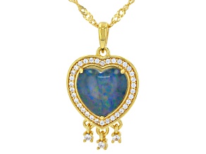 Blue Australian Opal Triplet With White Zircon 18K Yellow Gold Over Silver Pendant with Chain