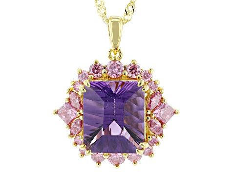 Canela Amethyst With Pink Moissanite Fire® 18K Yellow Gold Over Silver Pendant With chain 4.48ctw
