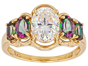 Strontium Titanate With Mystic Fire®  Green Topaz 18K Yellow Gold Over Sterling Silver Ring 3.82ctw