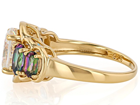 Strontium Titanate With Mystic Fire®  Green Topaz 18K Yellow Gold Over Sterling Silver Ring 3.82ctw