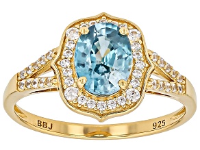 Blue Zircon With White Zircon 18k Yellow Gold Over Sterling Silver Ring 2.23ctw