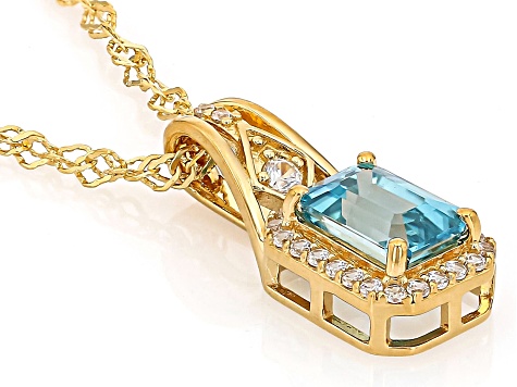 Blue Zircon With White Zircon 18k Yellow Gold Over Sterling Silver Pendant With Chain 1.75ctw
