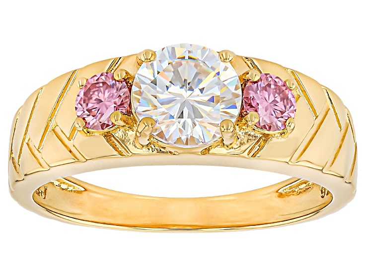 Strontium Titanate With Pink Moissanite Fire® 18k Yellow Gold Over Sterling Silver Ring 1.68ctw