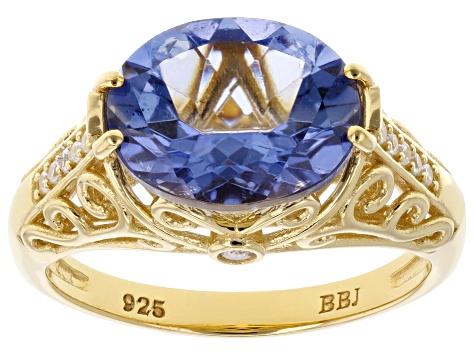 Butterfly Blue Topaz & White Zircon 18K Yellow Gold Over Sterling Silver Ring 3.72ctw