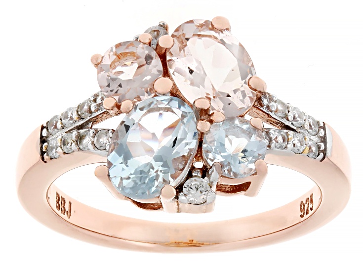 Blue Aquamarine With Morganite And White Zircon 18k Rose Gold Over Sterling Silver Ring 1.80ctw