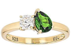 Green Chrome Diopside with White Moissanite Fire® 18K Yellow Gold Over Silver Ring 1.20ctw