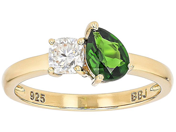Green Chrome Diopside with White Moissanite Fire® 18K Yellow Gold Over Silver Ring 1.20ctw