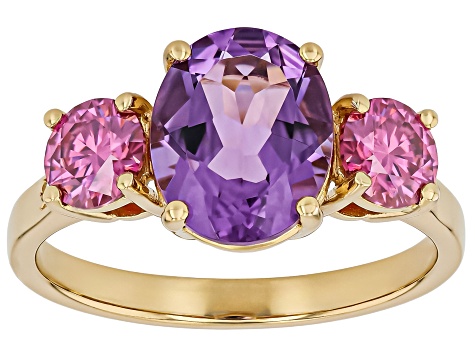 Canela Amethyst With Pink and White Moissanite 18K Yellow Gold Over Sterling Silver Ring 3.01ctw
