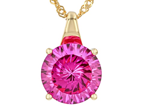 Pink Spin Fire Lab Created Sapphire 18K Yellow Gold Over Sterling Silver Pendant with Chain 7.82ct