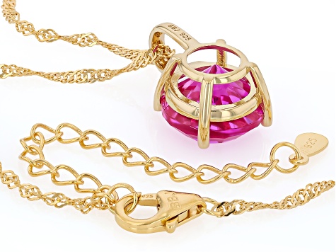 Pink Spin Fire Lab Created Sapphire 18K Yellow Gold Over Sterling Silver Pendant with Chain 7.82ct