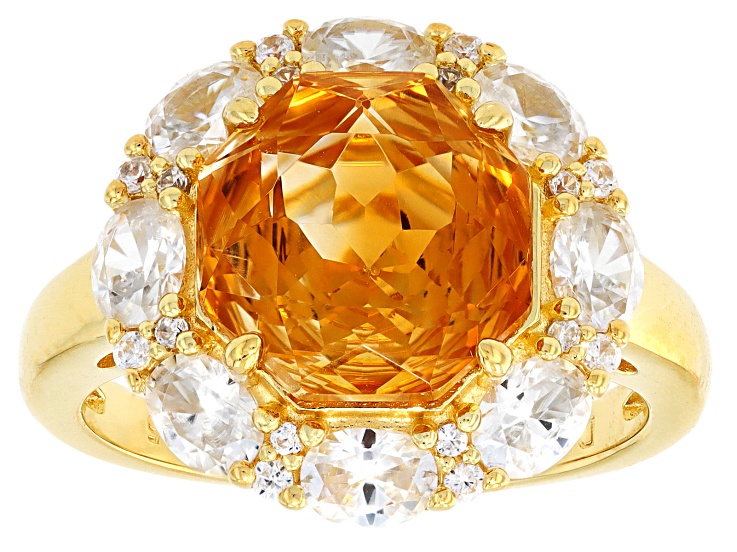 Rose Cut Yellow Citrine With White Zircon 18K Yellow Gold Over