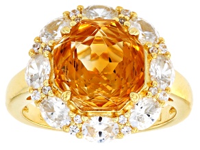 Rose Cut Yellow Citrine With White Zircon 18K Yellow Gold Over Sterling Silver Ring 5.73ctw